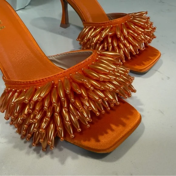 Miss Lola Ewan Orange Beaded Fringe Kitten Heel - Picture 3 of 7
